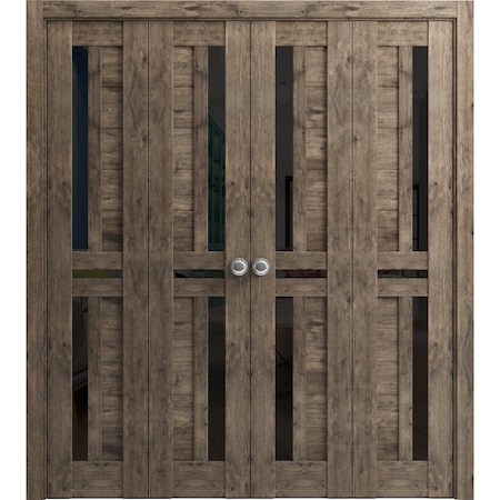 Sartodoors Sliding French Pocket Door 24 x 84in, Cognac Oak W/ Frosted Glass, Kit Trims Rail Hardware QUADRO4445PD-AKA-2484
